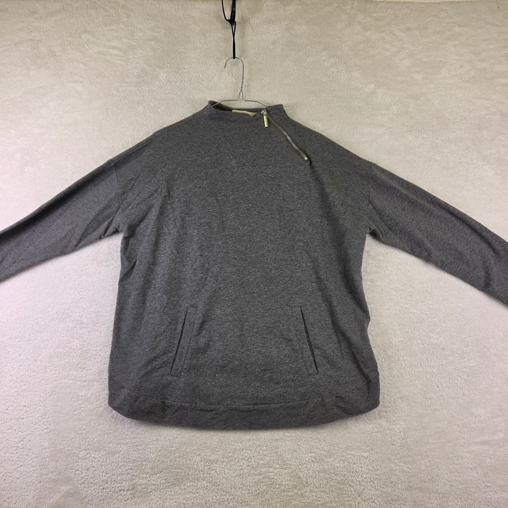 Michael Kors Womens Gray Asymmetrical Zip Mock Neck Top Kangaroo Pocket Medium